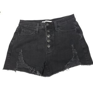 SO High Rise Black Denim Shorts Size 5 / 27 Distressed Womens Summer Raw Hem​